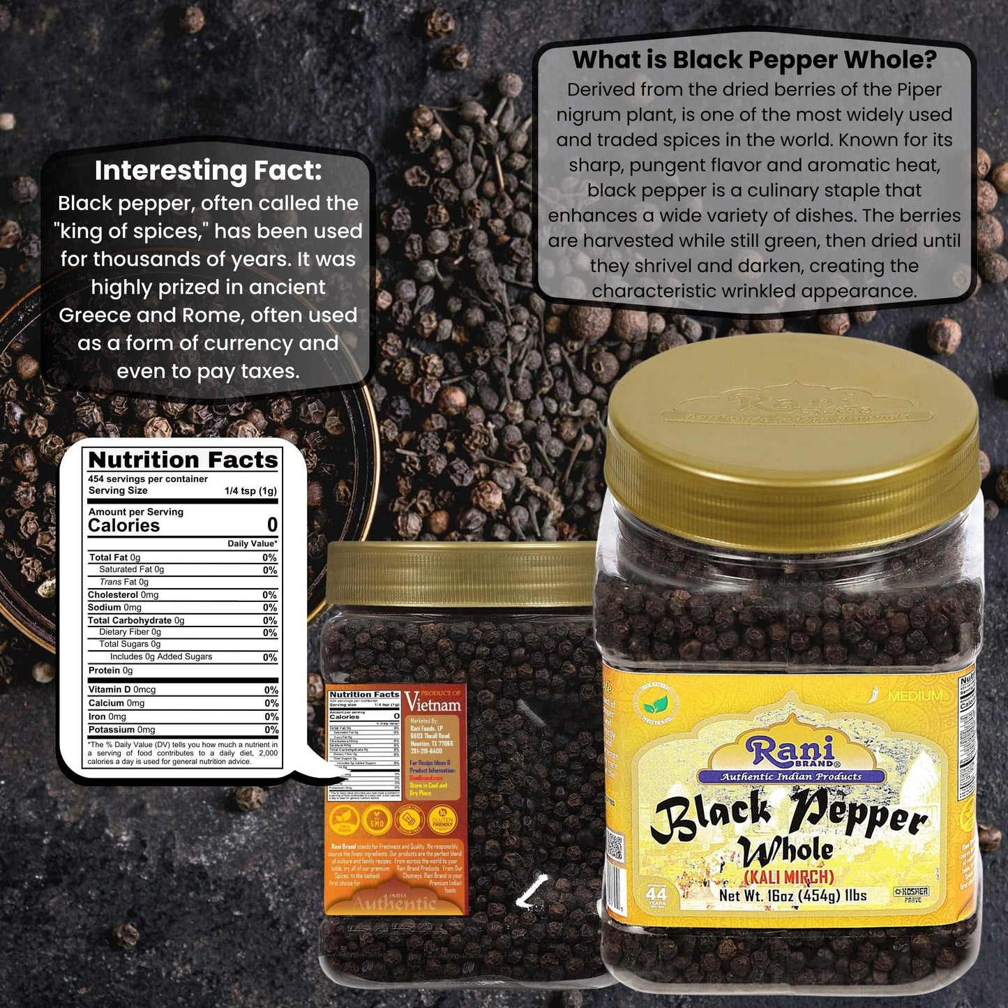 Rani Black Pepper Whole (Peppercorns) 16oz Bulk PET Jar - All Natural, Gluten Friendly, Non-GMO, Kosher, Product of Vietnam