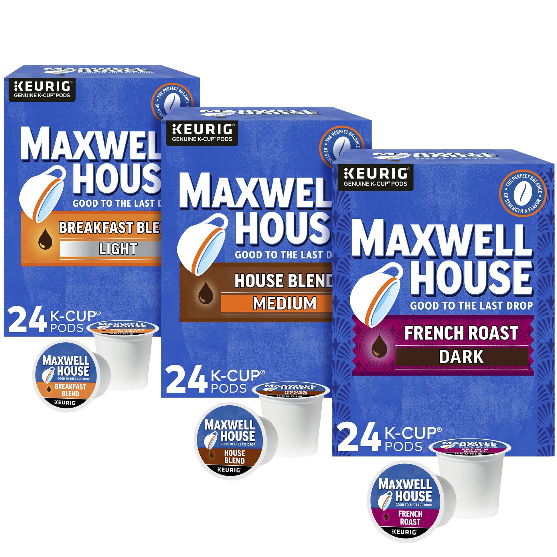 Maxwell House Variety Pack With Breakfast Blend Light Roast, House Blend Medium Roast, And French Roast Dark Roast K-Cup® Coffee Pods (72 Ct. Pack)