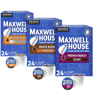 Maxwell House Variety Pack With Breakfast Blend Light Roast, House Blend Medium Roast, And French Roast Dark Roast K-Cup® Coffee Pods (72 Ct. Pack)
