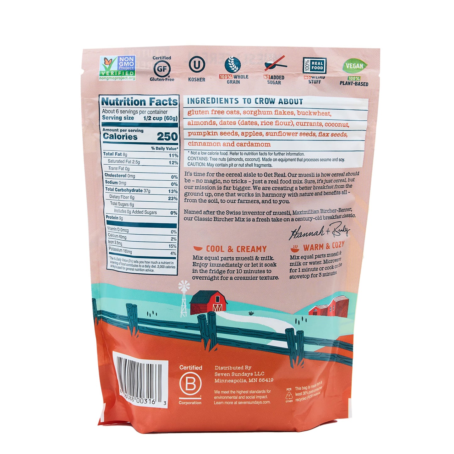 Seven Sundays Classic Bircher Apple Cinnamon Almond Muesli Cereal - 6 Count, 12 Oz Pouch - Certified Gluten Free Muesli - Non Gm