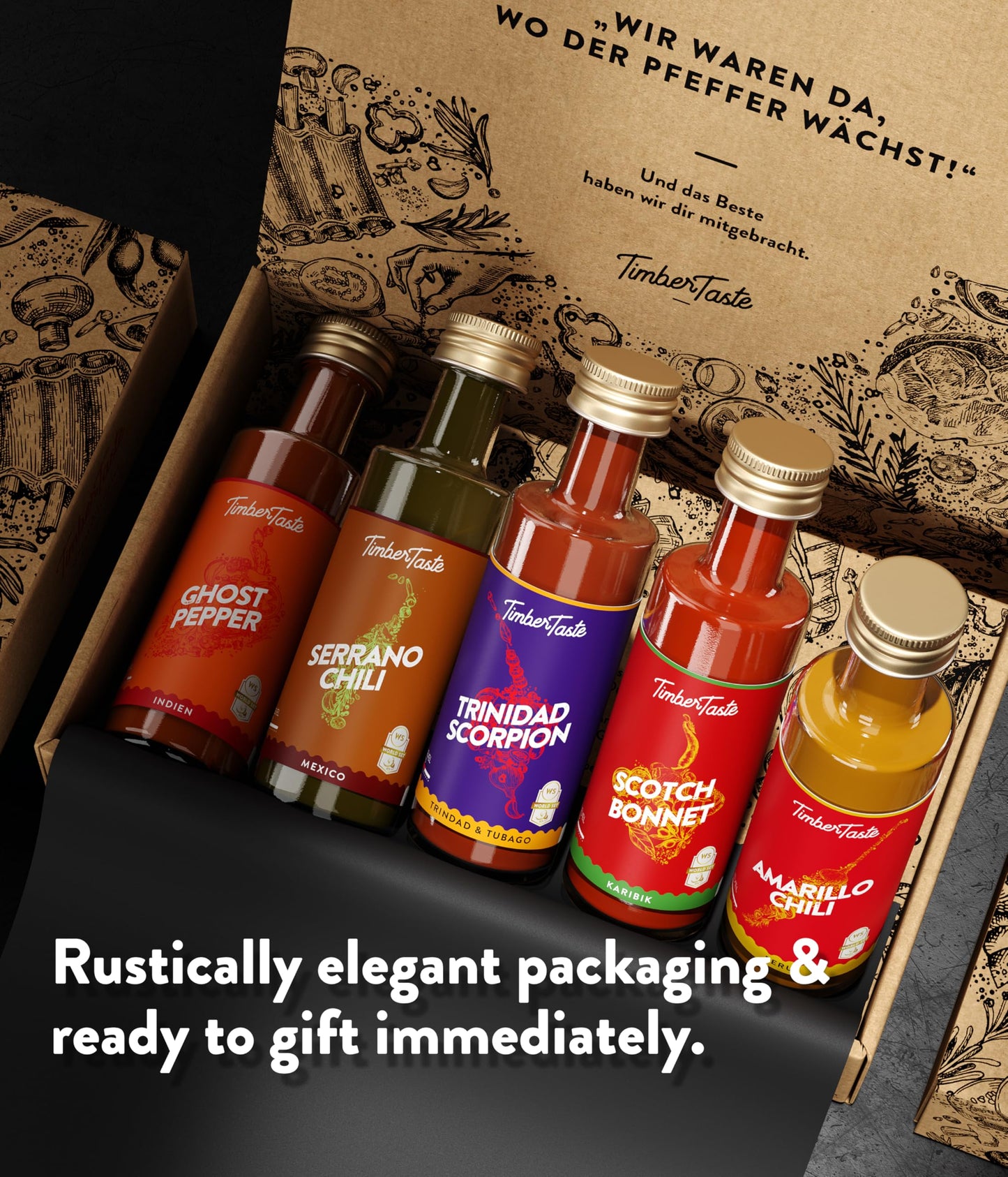 Timber Taste World Hot Sauce Gift Set [5X1.35 Oz] Hot Sauce Variety Pack - Spicy Condiment Set For Heat Lovers In Mini Bottles -