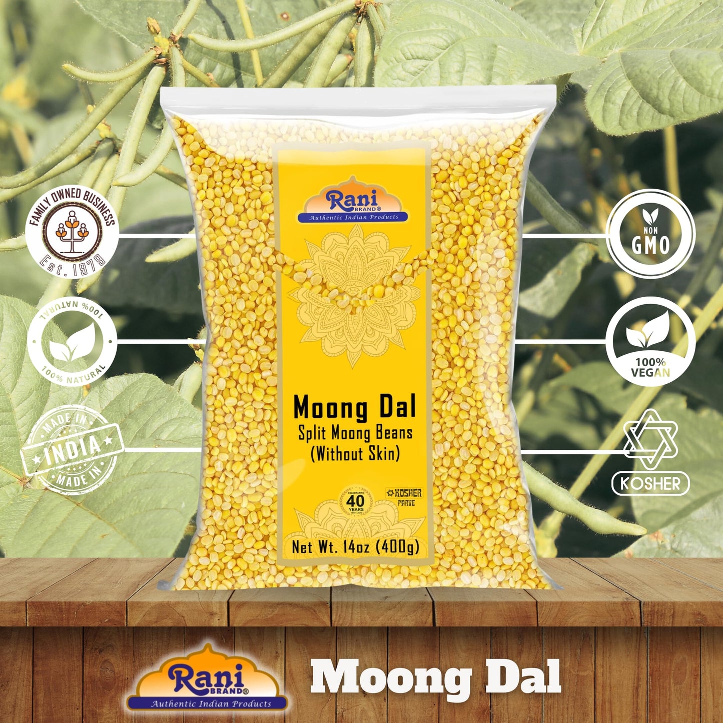 Rani Moong Dal (Split Mung Beans Without Skin) Lentils Indian 14Oz (400G) ~ All Natural | Gluten Friendly | Non-Gmo | Kosher | V