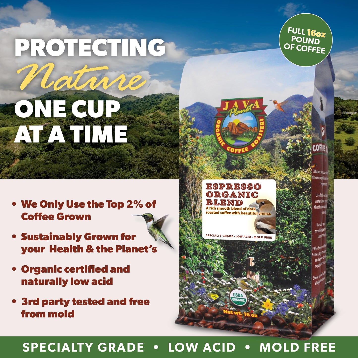 Java Planet Organic, Espresso Blend, Smooth Full Flavored Organic Coffee Beans, Low Acid, Whole Bean Coffee, 1Lb Bag
