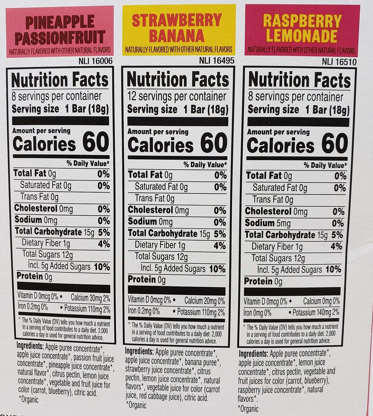 Pure Organic Layered Fruit Bars - Pineapple Passion Fruit, Strawberry Banana, Raspberry Lemonade - 56 Count Box