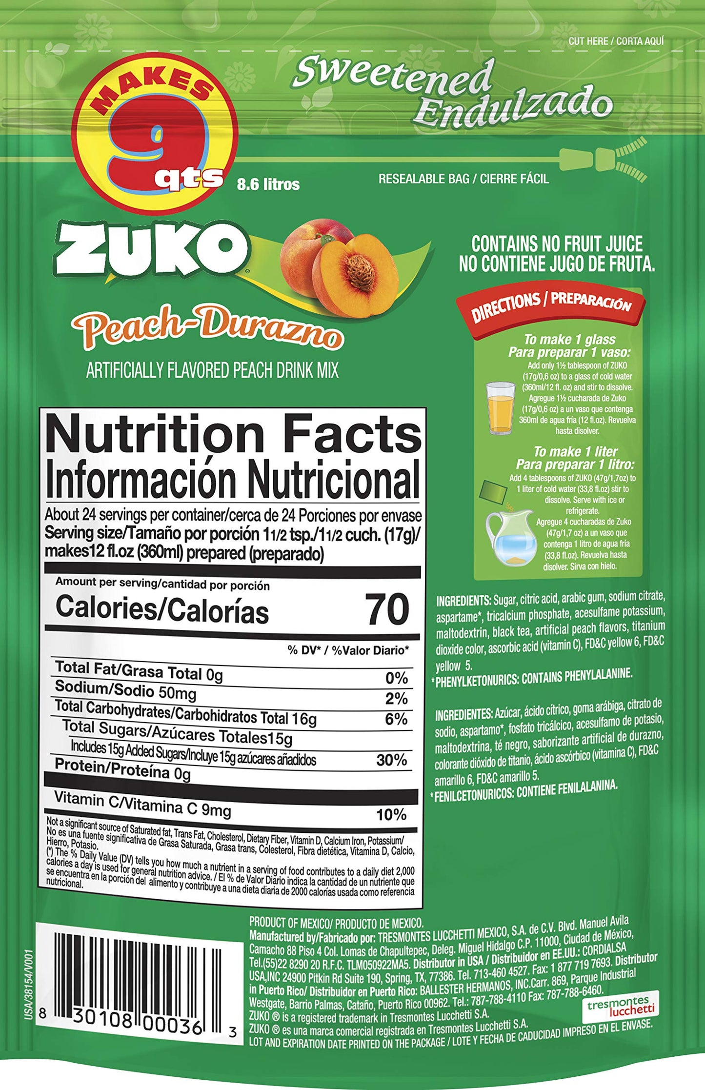 Zuko Instant Drink-Peach, 14.1-Ounce (Pack of 6)