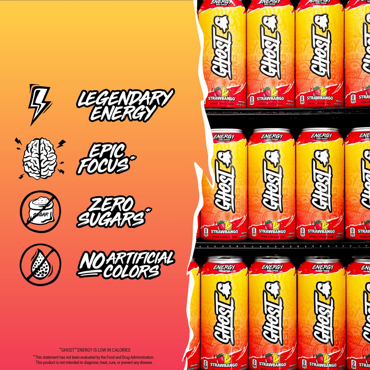 GHOST Energy Drink - 12-Pack Strawbango - 16oz - Gluten-Free, Vegan, 200mg Natural Caffeine, No Artificial Colors