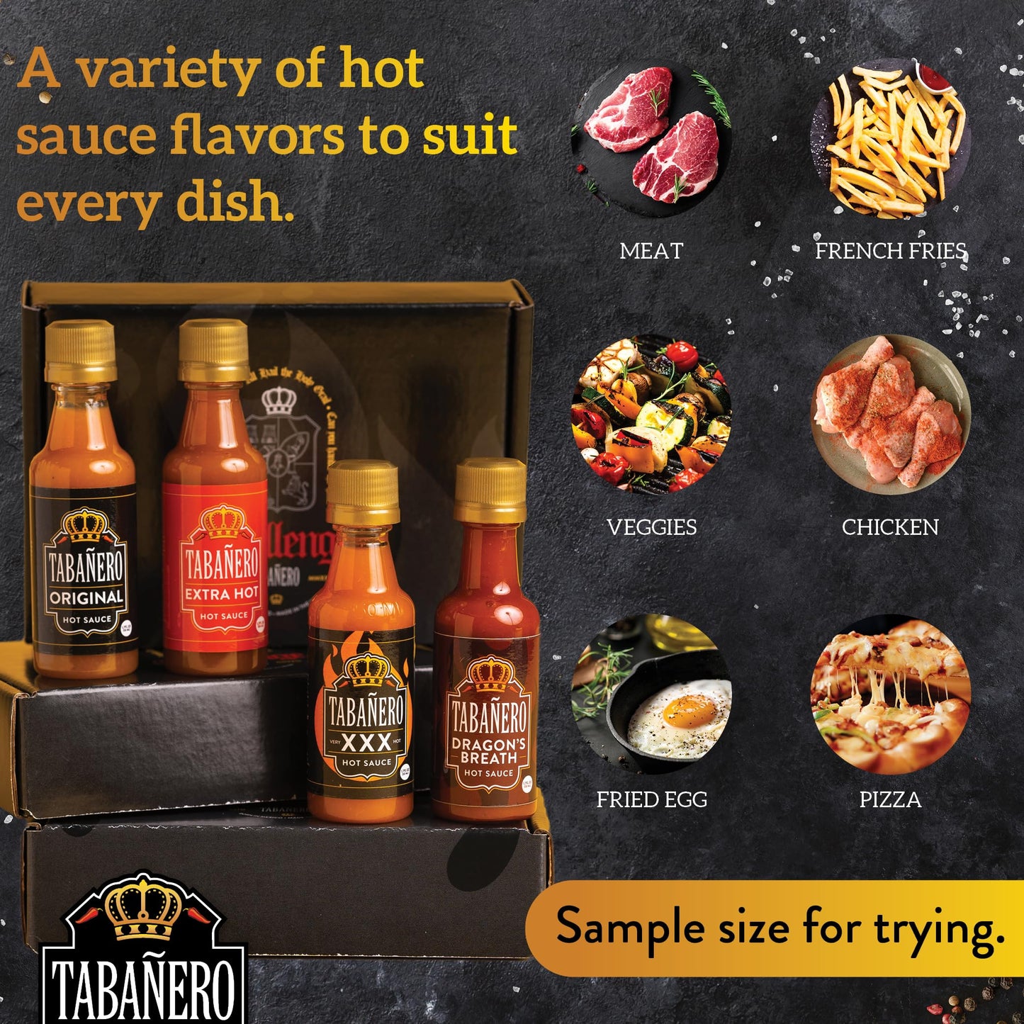 Tabanero Mini Hot Sauce Challenge Box - Original, Extra Hot, XXX Hot & Dragon’s Breath - Gluten Free, Vegan, 4-Pack, 1.7 oz Bottles
