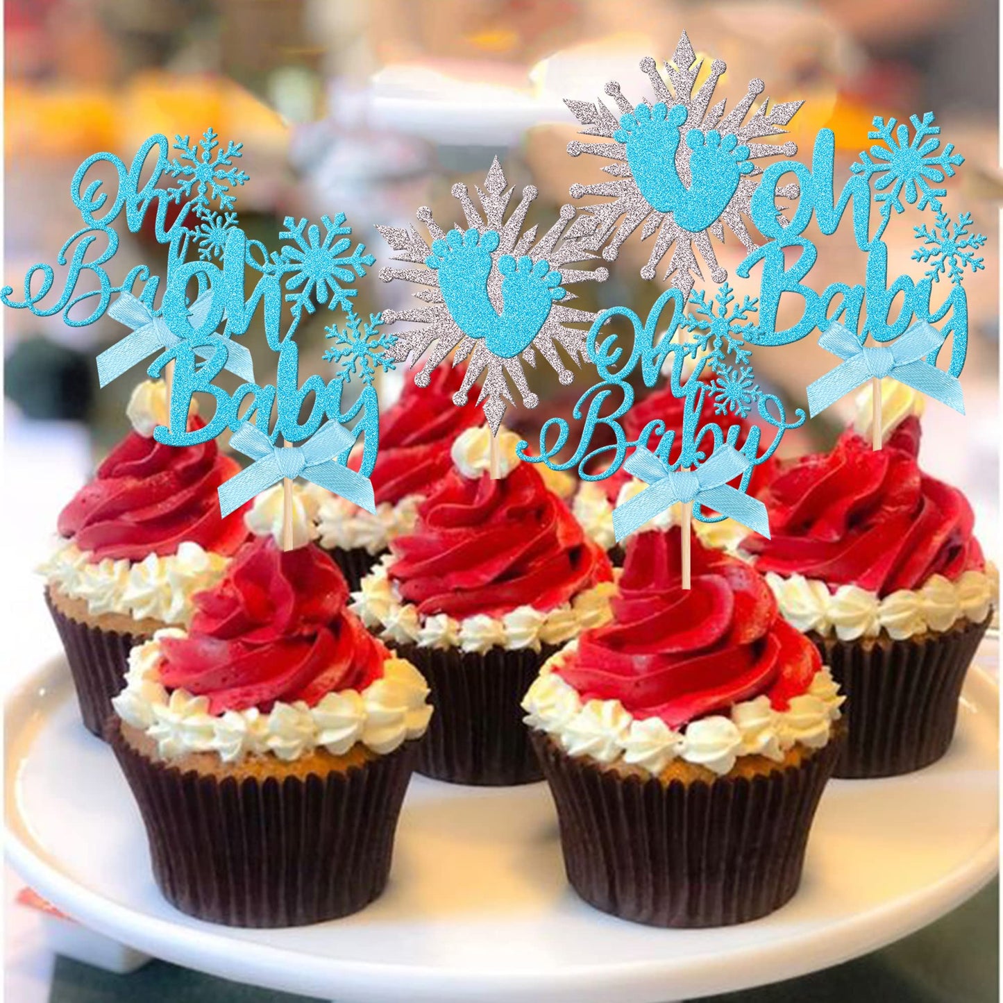 24 PCS Snowflake Oh Baby Cupcake Toppers with Bow Glitter Winter Frozen Theme Baby Feet Snowflake Cupcake Picks for Winter Wonde