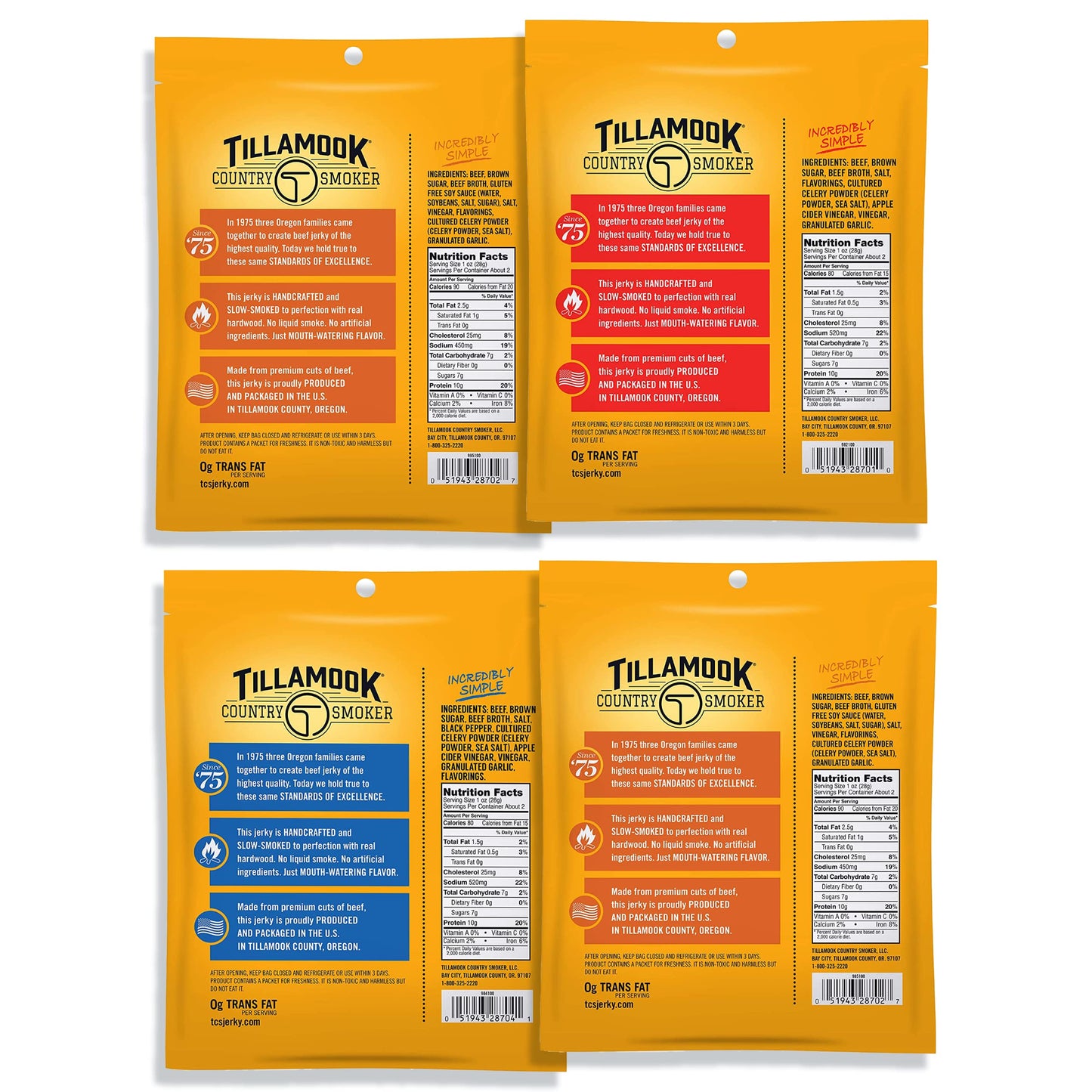 Tillamook Country Smoker Beef Jerky Variety Pack, Hardwood Smoked, 2.5 Ounce (Pack of 4)