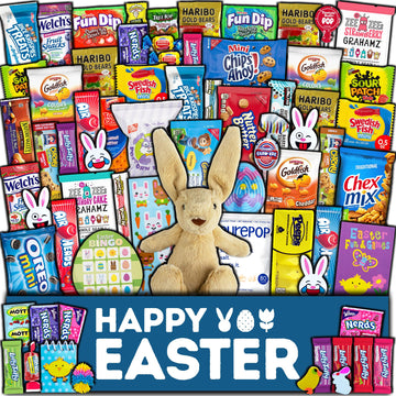 Easter Care Package (65Ct) - Candy Snacks Treats Plush Bunny Chocolate Cookies Gift Box Bundle Basket Fillers Stuffers Present Kids 18+ Uses Boys Girls College Student Child Grandchildren Toddlers