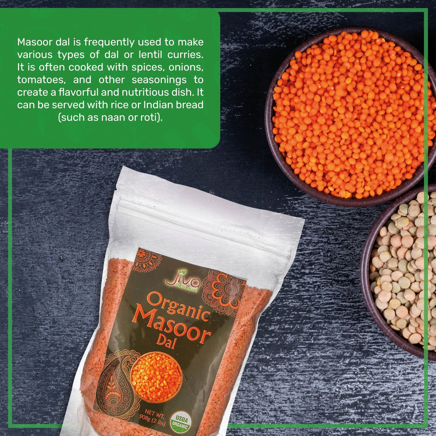 Jiva Organics Organic Masoor Dal 2 Pound Bag (Split Red Lentils) - Non-Gmo, Pure & Natural