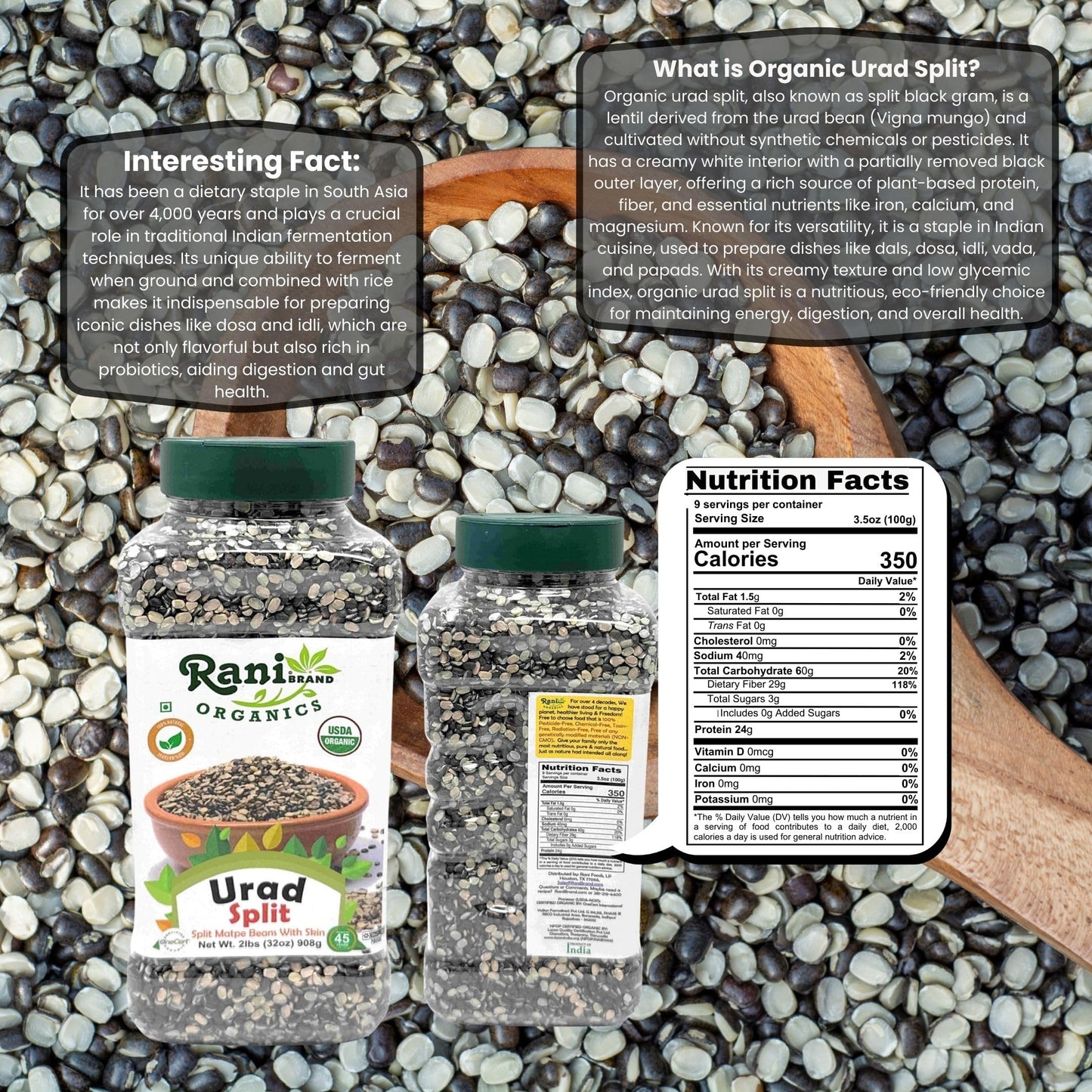 Rani Organic Urid/Urad Split Chilka (Split Matpe Beans With Skin) 32Oz (2Lbs) 908G Pet Jar ~ All Natural | Gluten Friendly | Non
