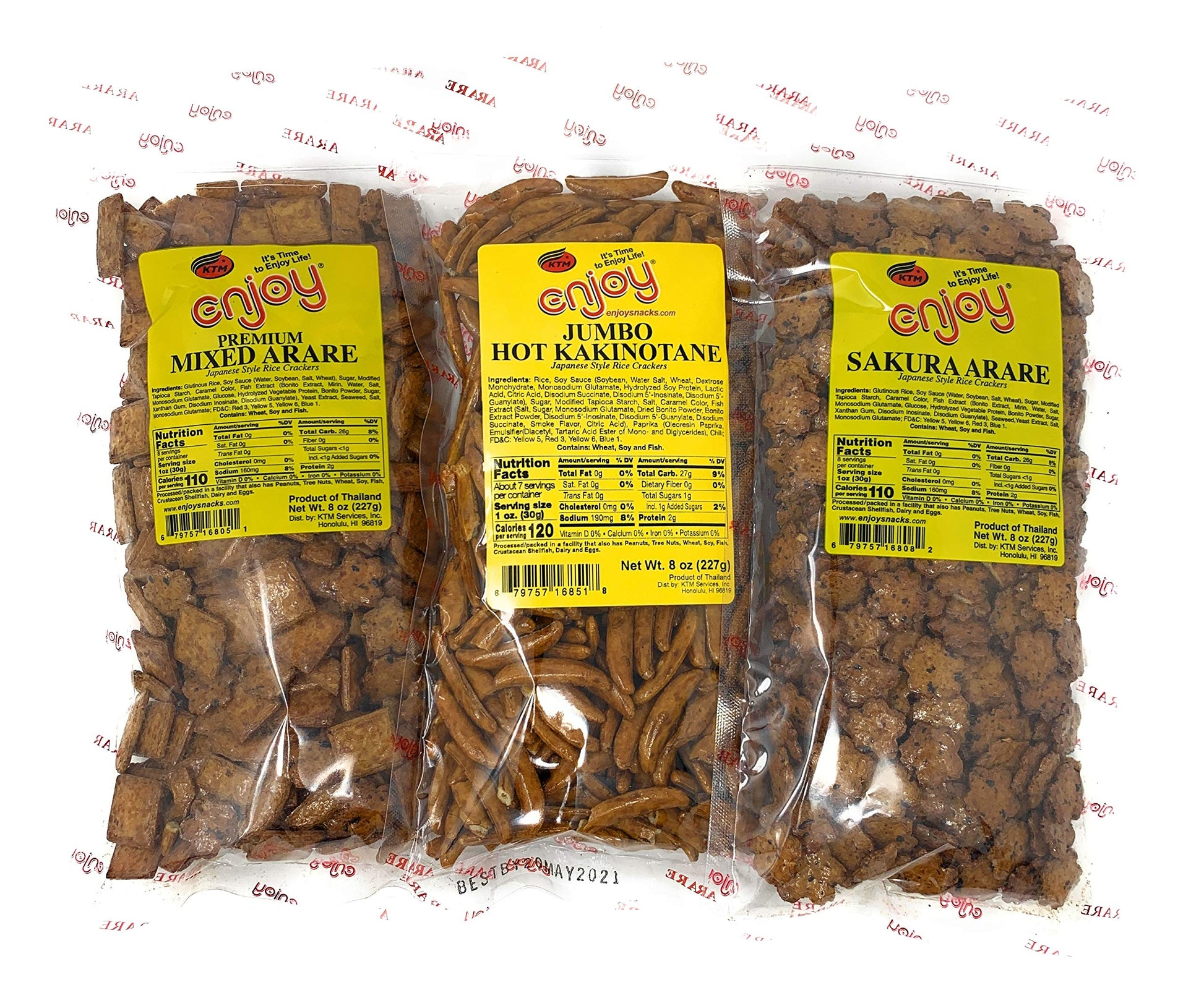 Enjoy Arare Japanese Rice Cracker Bundle - Premium Mixed, Sakura, Jumbo Hot Kakinotane Flavors