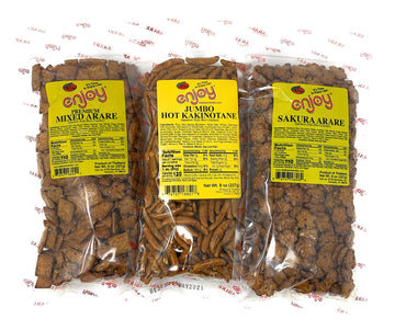 Enjoy Arare Japanese Rice Cracker Bundle - Premium Mixed, Sakura, Jumbo Hot Kakinotane Flavors