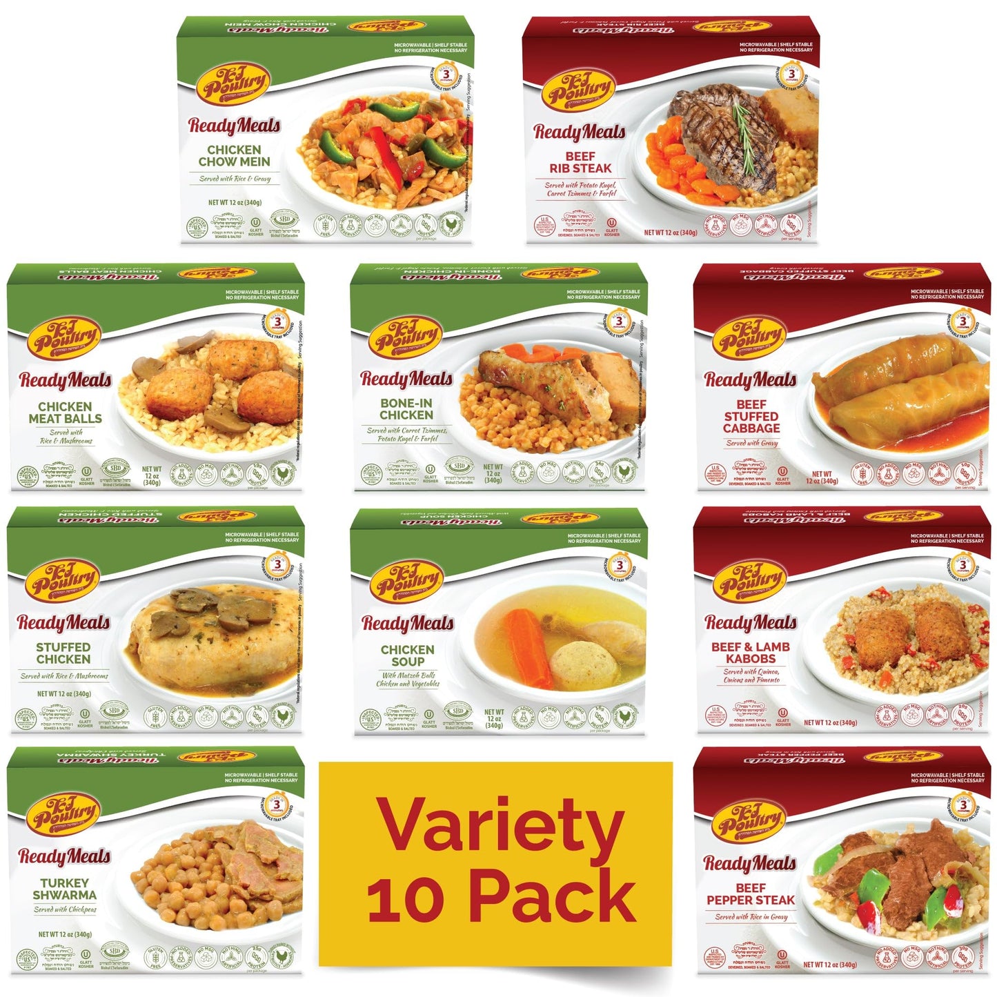 KJ Poultry Kosher Ready Meals - (10 Pack Variety - Beef, Chicken & Turkey) Prepared Entree Fully Cooked, Shelf Stable Microwave 