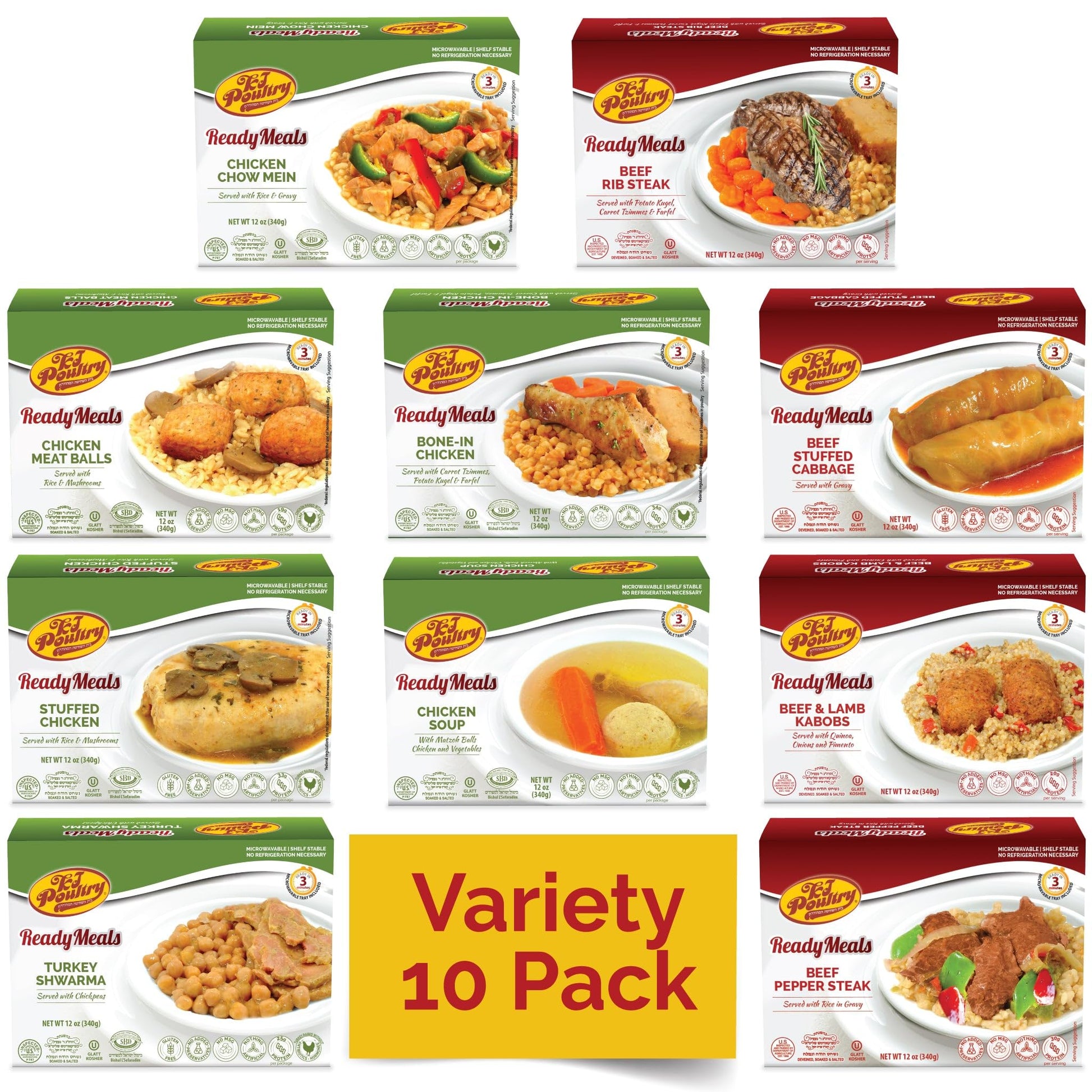 KJ Poultry Kosher Ready Meals - (10 Pack Variety - Beef, Chicken & Turkey) Prepared Entree Fully Cooked, Shelf Stable Microwave 