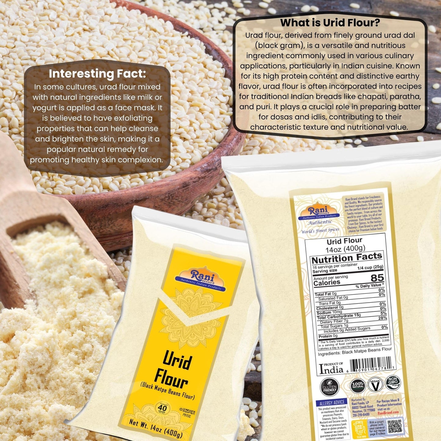 Rani Urid/Urad Flour (Black Matpe Beans Flour) 14Oz (400G) ~ All Natural | Vegan | Gluten Friendly | Non-Gmo | Kosher | Indian O