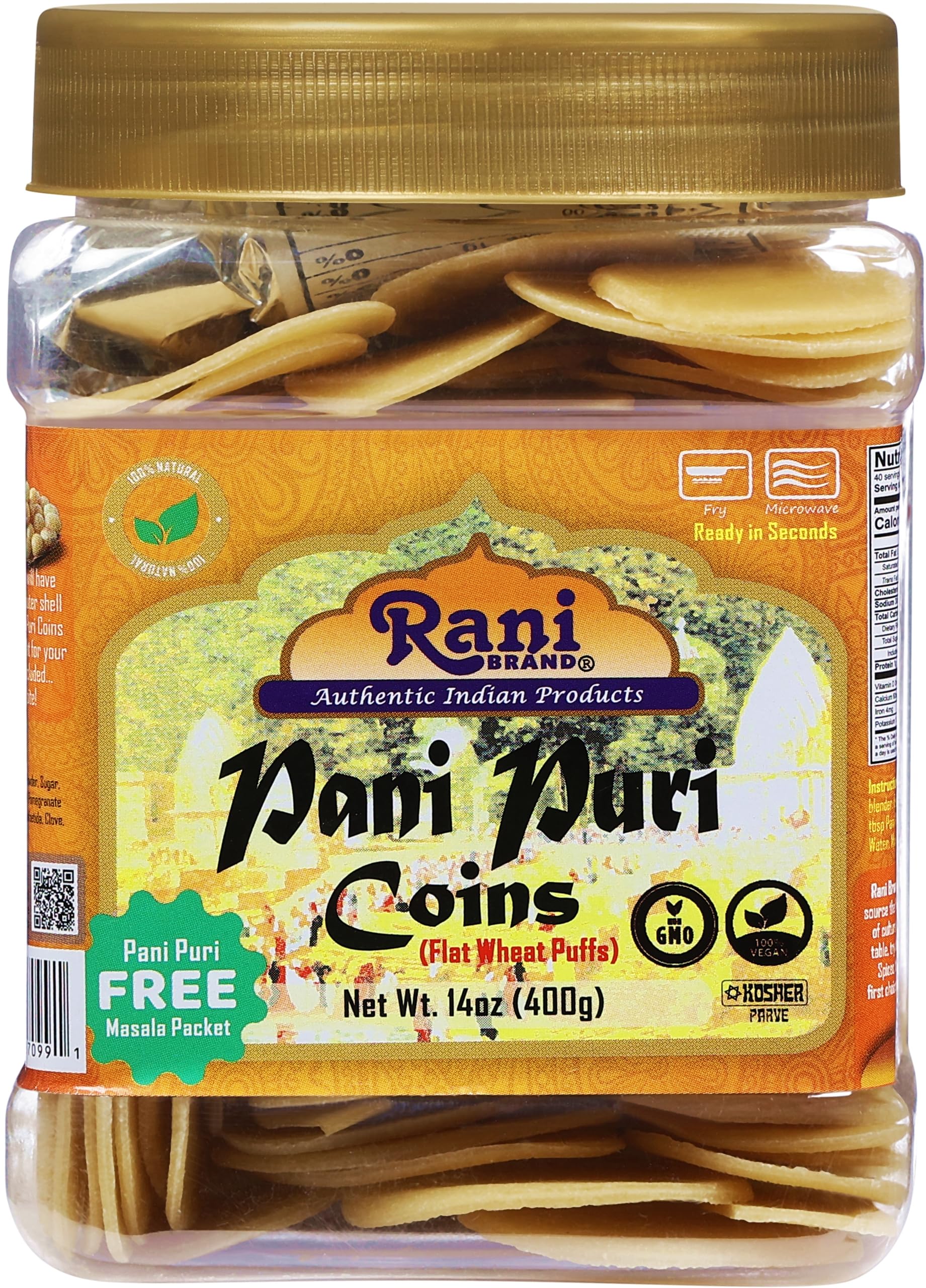 Rani Pani Puri Coins (Uncooked, Microwaveable Wheat Semolina Coins) 14oz (400g) w/Pani Puri Masala (14-Spice Blend for Indian Sp