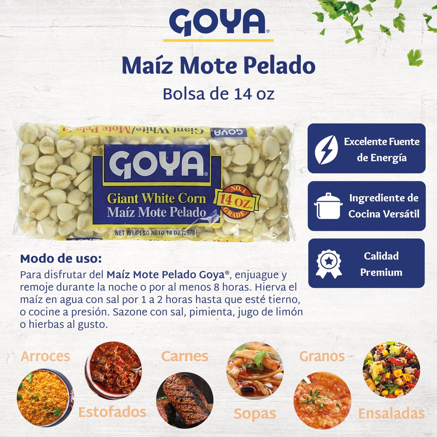 Giant White Corn by Goya, Whole White Hominy, Mexican Corn, Dried White Corn Kernels, Ma  z Mote Pelado, 14oz. Bag