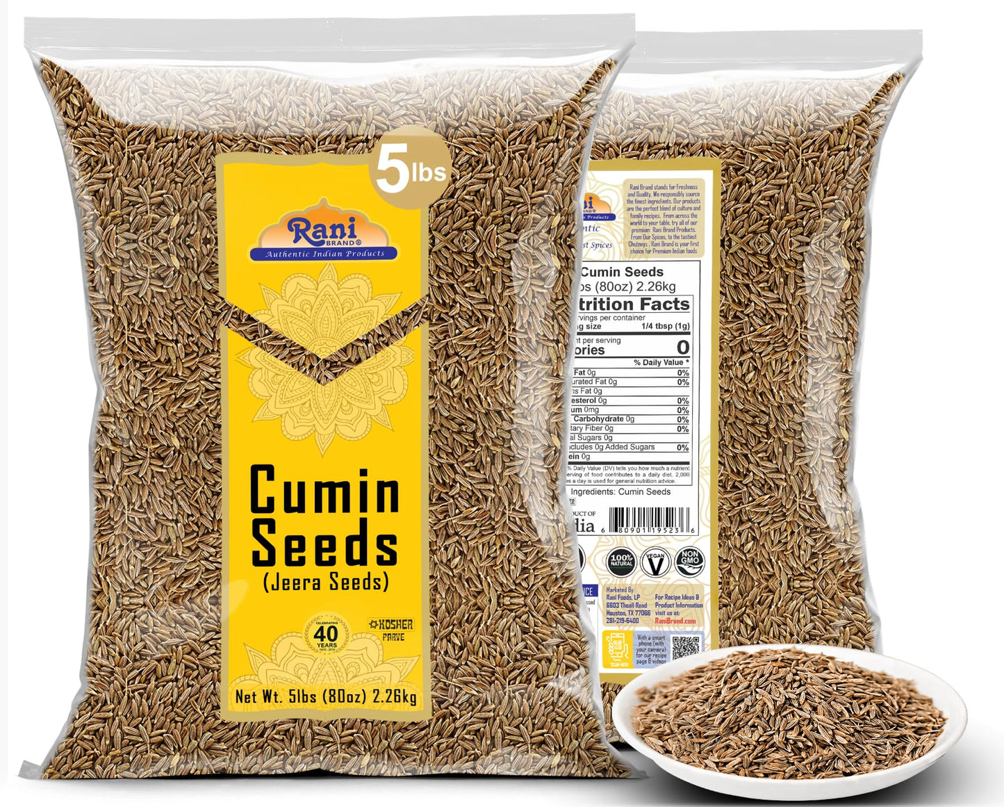 Rani Cumin Seeds Whole (Jeera) Spice 80oz (5lbs) 2.27kg Bulk ~ All Natural | Gluten Friendly | NON-GMO | Kosher | Vegan | Indian