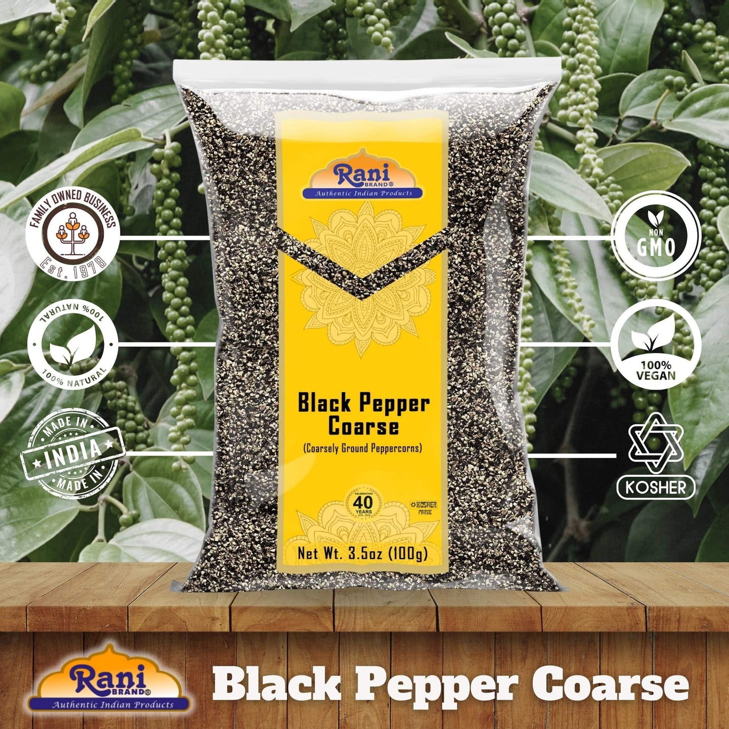Rani Black Pepper Coarse Ground 28 Mesh (Table Grind) 3.5Oz (100G) ~ All Natural | Vegan | Gluten Friendly | Non-Gmo | Kosher |