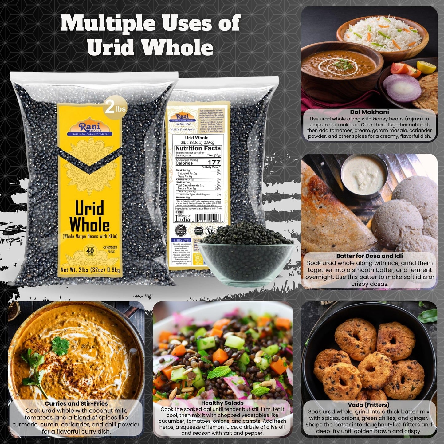 Rani Urid/Urad Whole Black (Matpe Beans with Skin) Indian Lentils 32oz (2lbs) 908g ~ All Natural | Gluten Friendly | Non-GMO | K