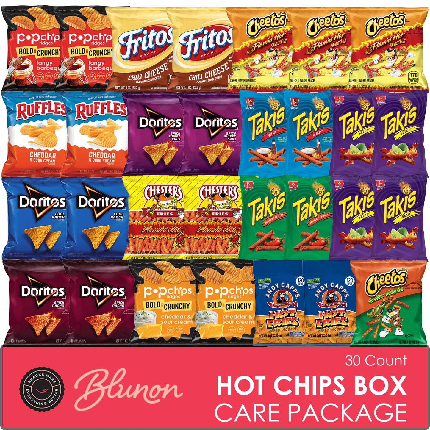 Blunon Hot Chips Snacks Variety Pack - Fiery Spicy Snack Bag Care Package - 30 Pack, 1 Ounce Each