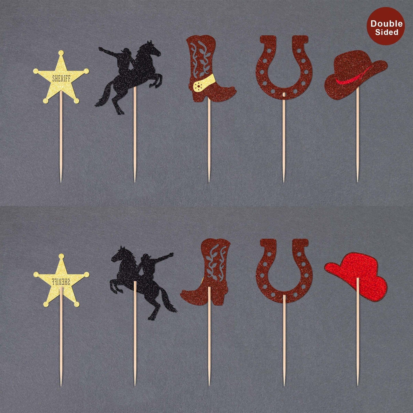 Gexolenu 30 Pcs Cowboy Cupcake Toppers 5 Shapes Glitter Double-Sided Horseshoe Cowboy Hats Boots Cupcake Picks For Western Theme