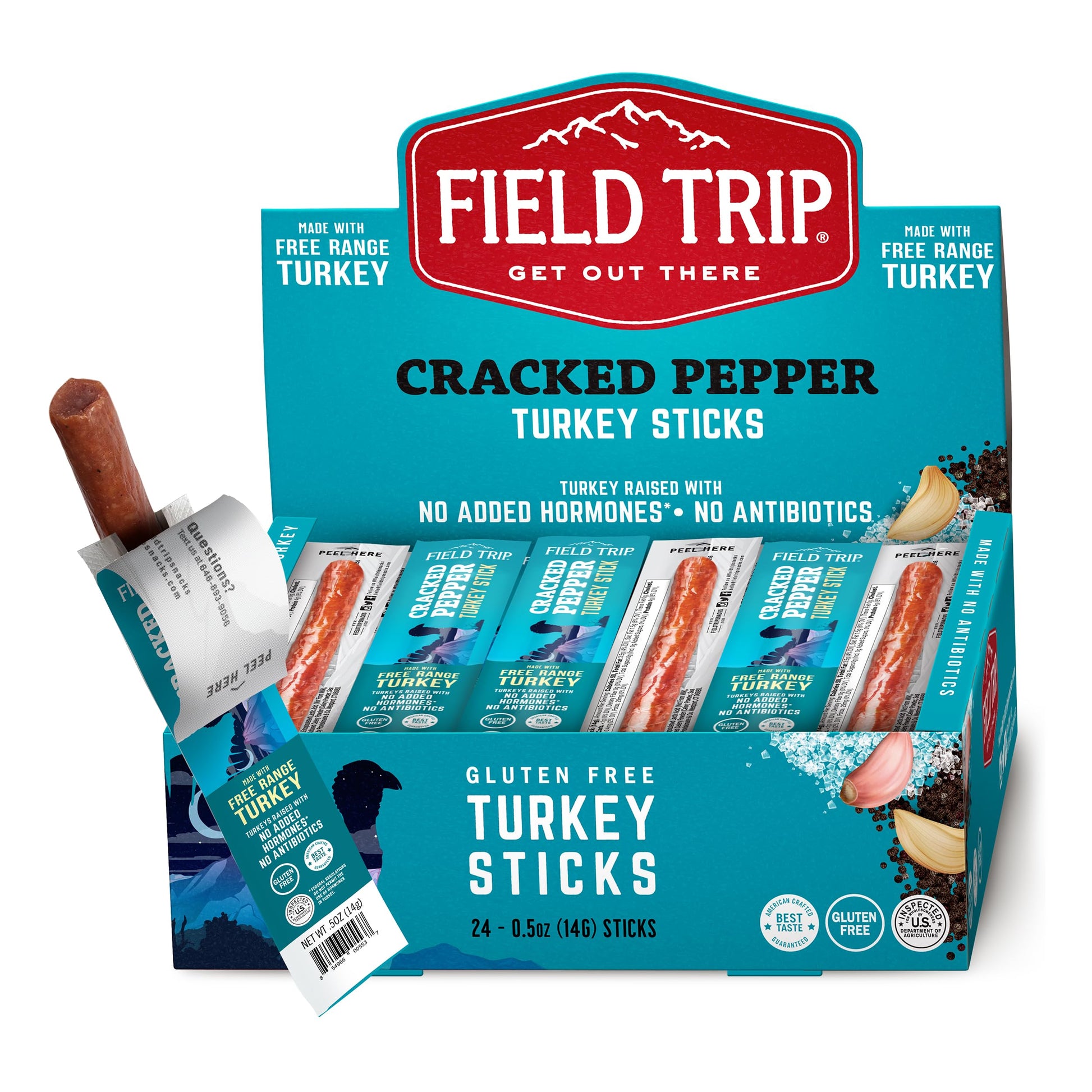 Field Trip Free Range Breaked Pepper Turkey Jerky Sticks  Keto  Paleo  Gluten Free  Allergy Friendly Snack  High Protein  35 Calorie  0.5Oz  24 Pack