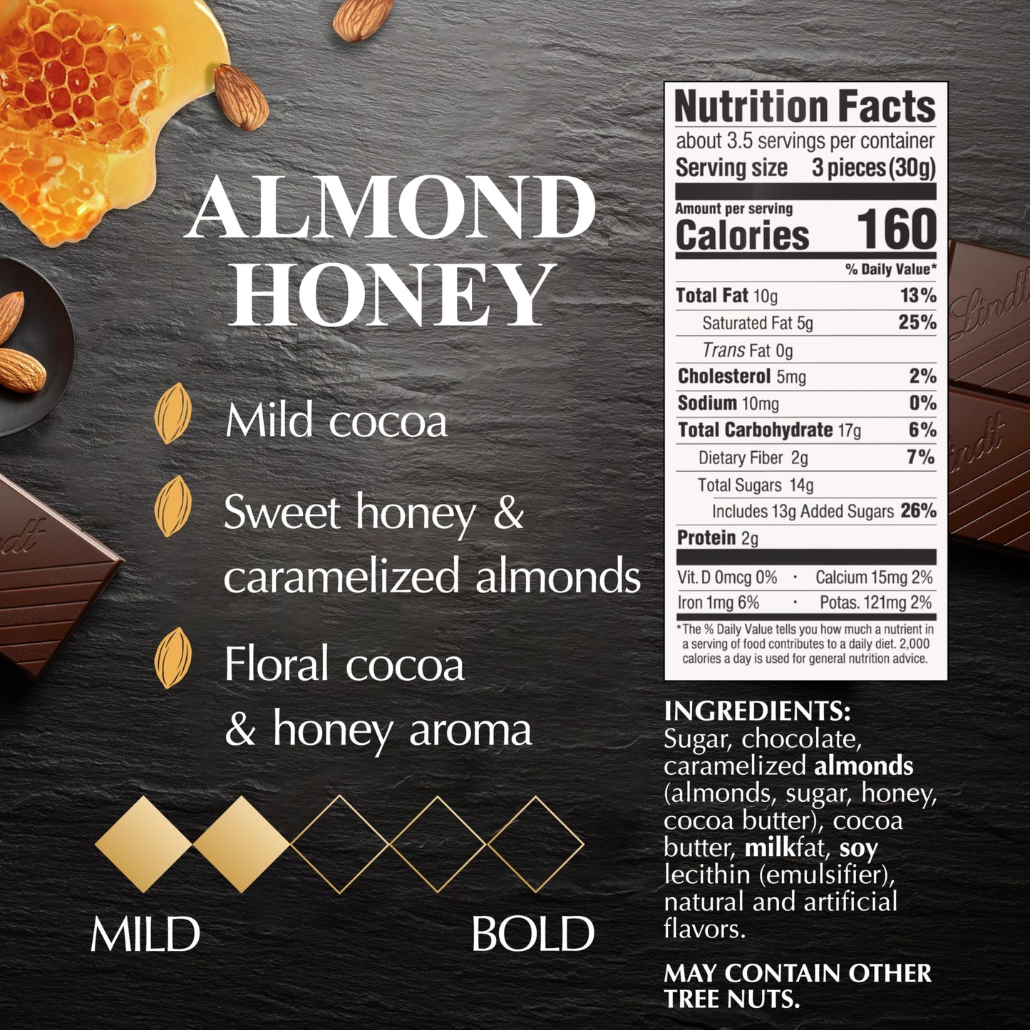 Lindt EXCELLENCE Almond Honey Dark Chocolate Bar, 3.5 oz, Easter Candy, 12 Pack