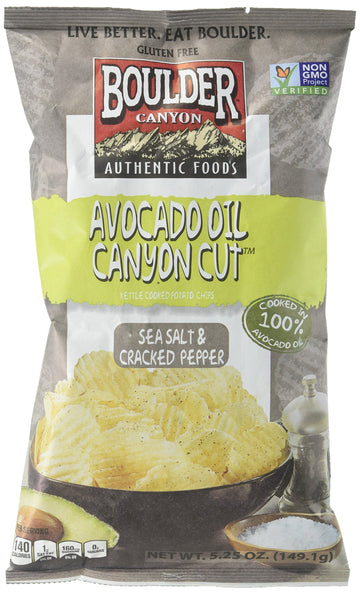 Boulder Canyon Avocado Oil Canyon Cut Kettle Cooked Potato Chips, Sea Salt And Cracked Pepper, 5.25 Ounce (Pack Of 12)