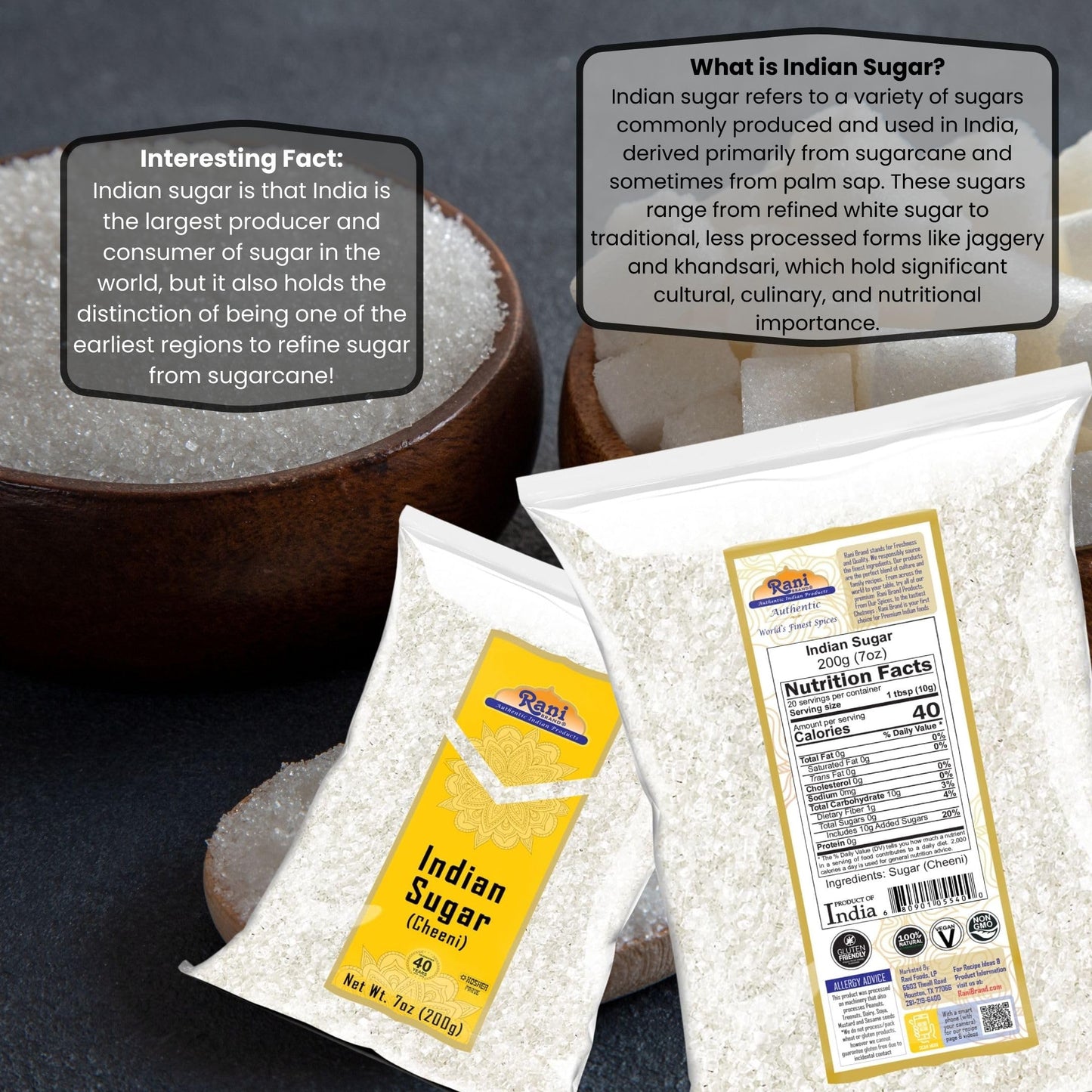 Rani Indian Sugar Khand (Khandsari) - All Natural, Gluten Friendly, Vegan, NON-GMO, Kosher, 7oz (200g)