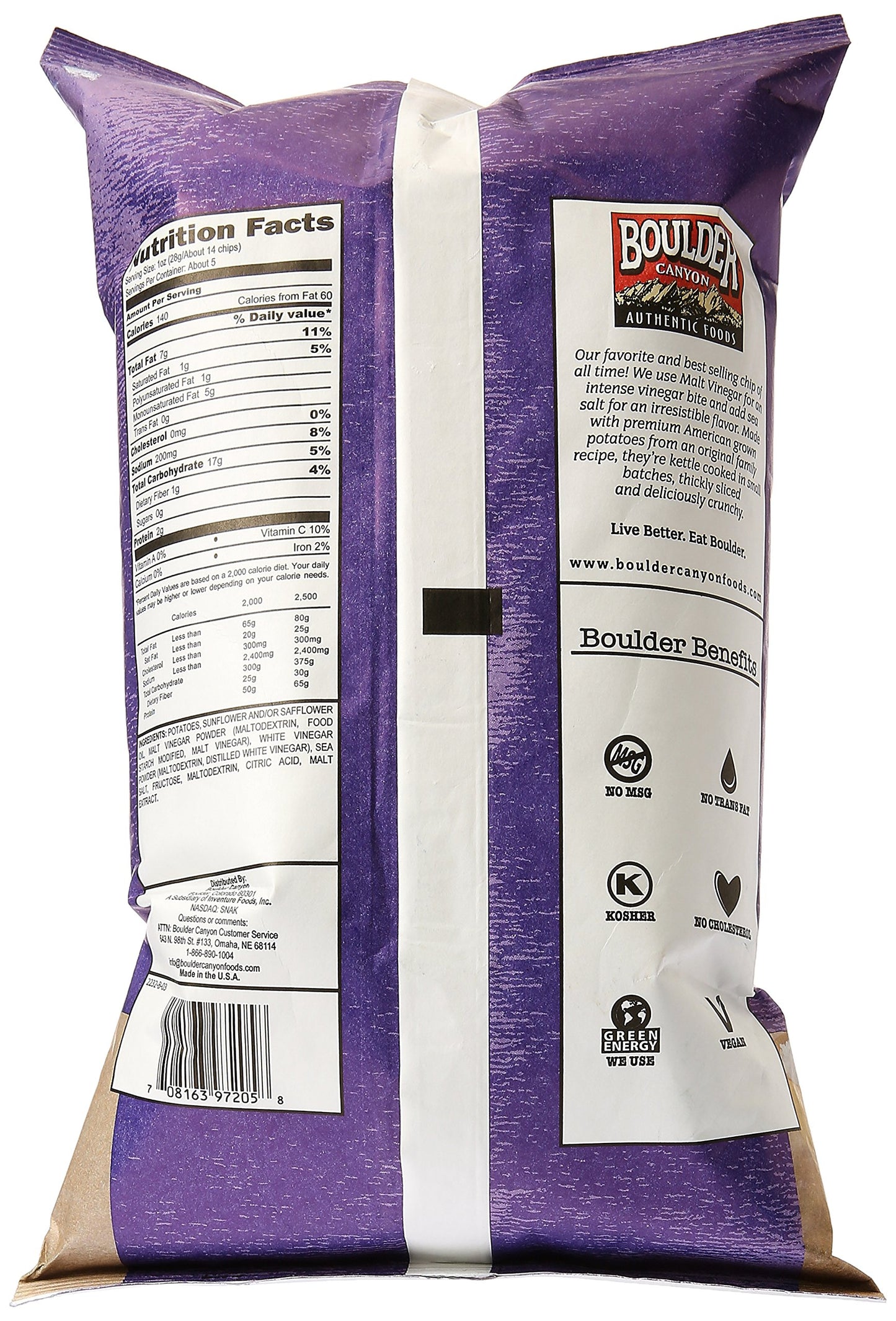 Boulder Canyon Kettle Cooked Potato Chips, Malt Vinegar And Sea Salt, 5 Oz