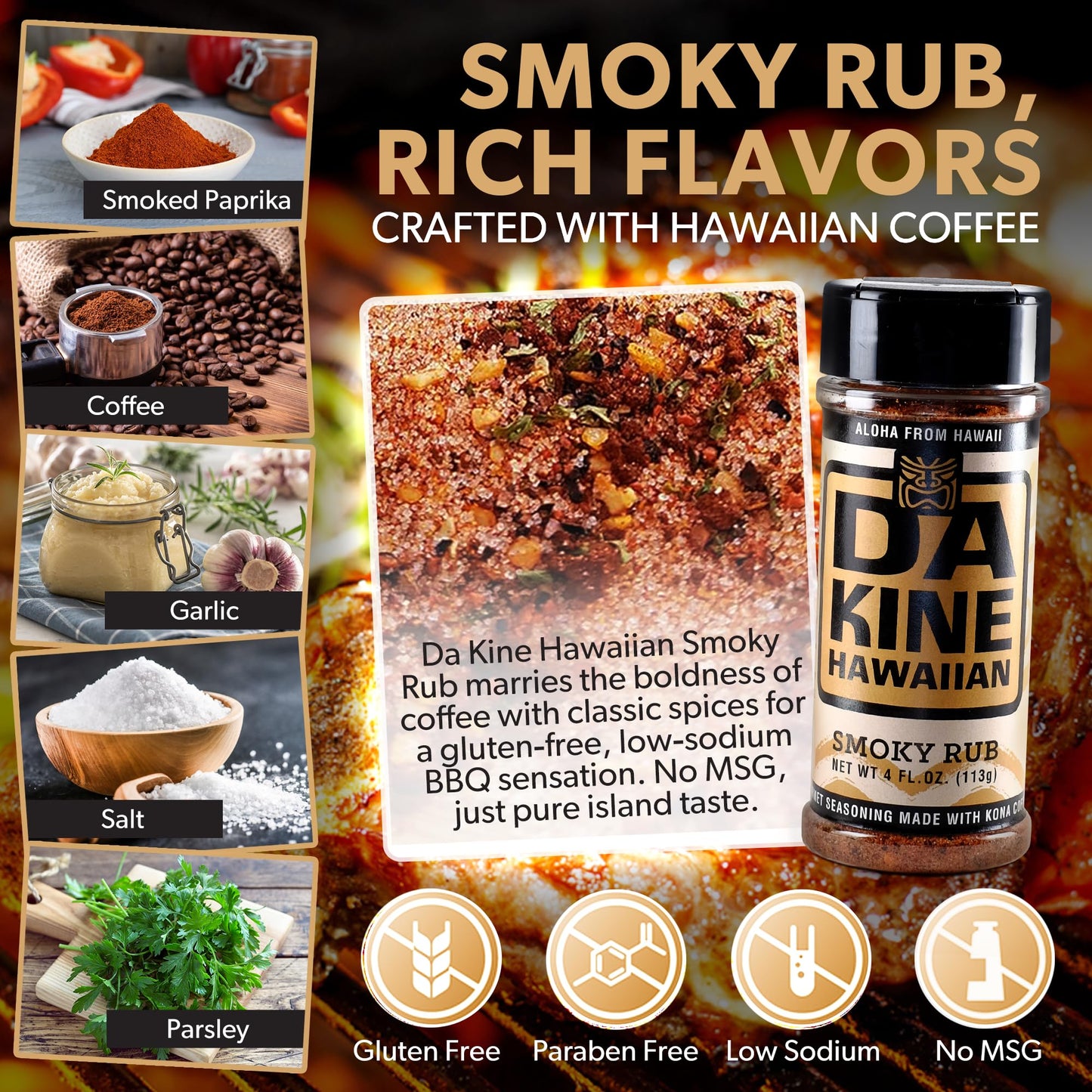 Da Kine Hawaiian BBQ Dry Rub Seasoning - Gluten-Free, Low Sodium, Smoky Flavor - 4 oz Pack