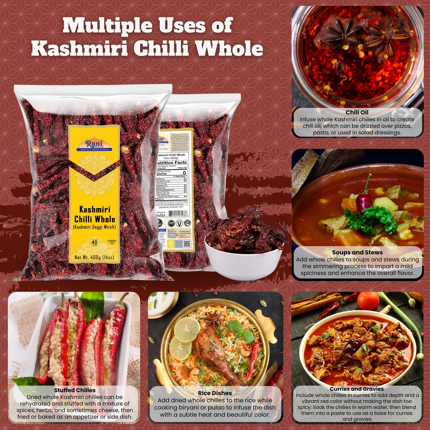 Rani Kashmiri Chilli Whole (Deggi Mirch, Low Heat) 14Oz (400G) ~ Natural | Salt-Free | Vegan | No Colors | Gluten Friendly | Non