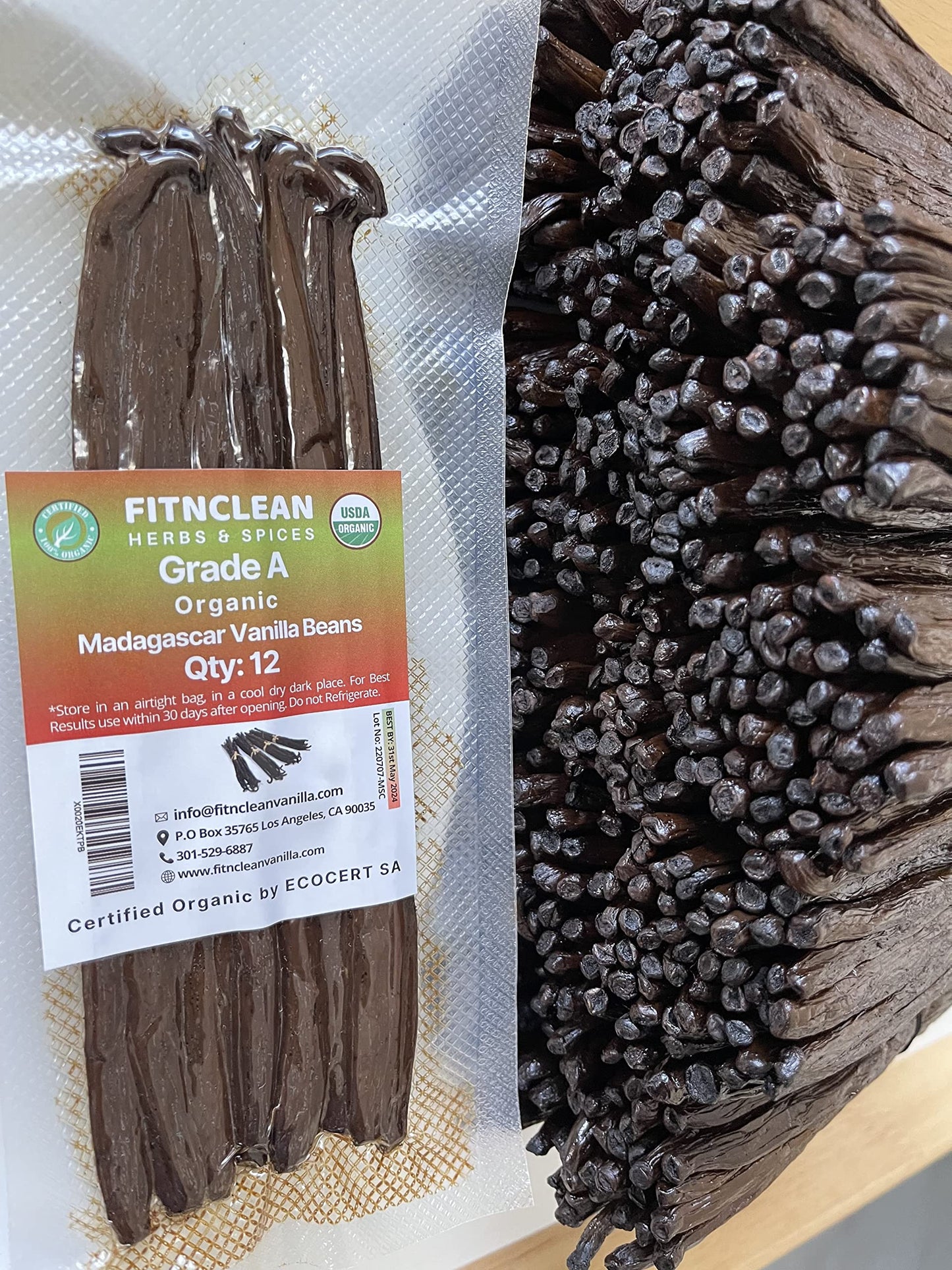 FITNCLEAN Vanilla Beans - 12 Organic Madagascar Grade A Whole Pods, 6-7.5, NON-GMO, Ideal for Chefs and Baking