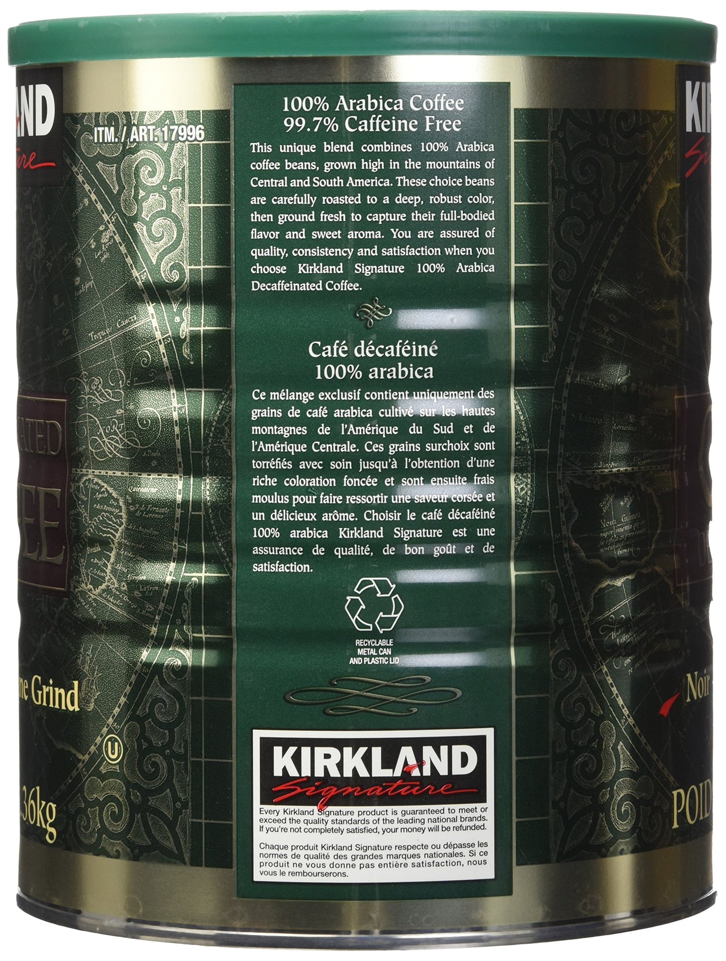 Kirkland Signature 100% Colombian Dark Roast Decaffeinated Ground Coffee - 1.36Kg
