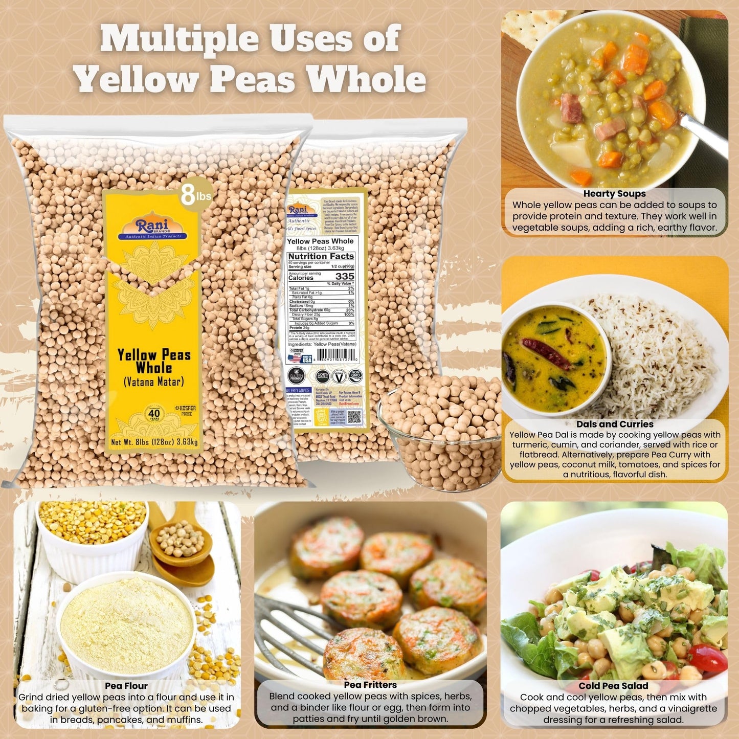 Rani Yellow Peas Whole, Dried (Vatana, Matar) 128Oz (8Lbs) 3.63Kg Bulk ~ All Natural | Vegan | Kosher | Gluten Friendly | Produc