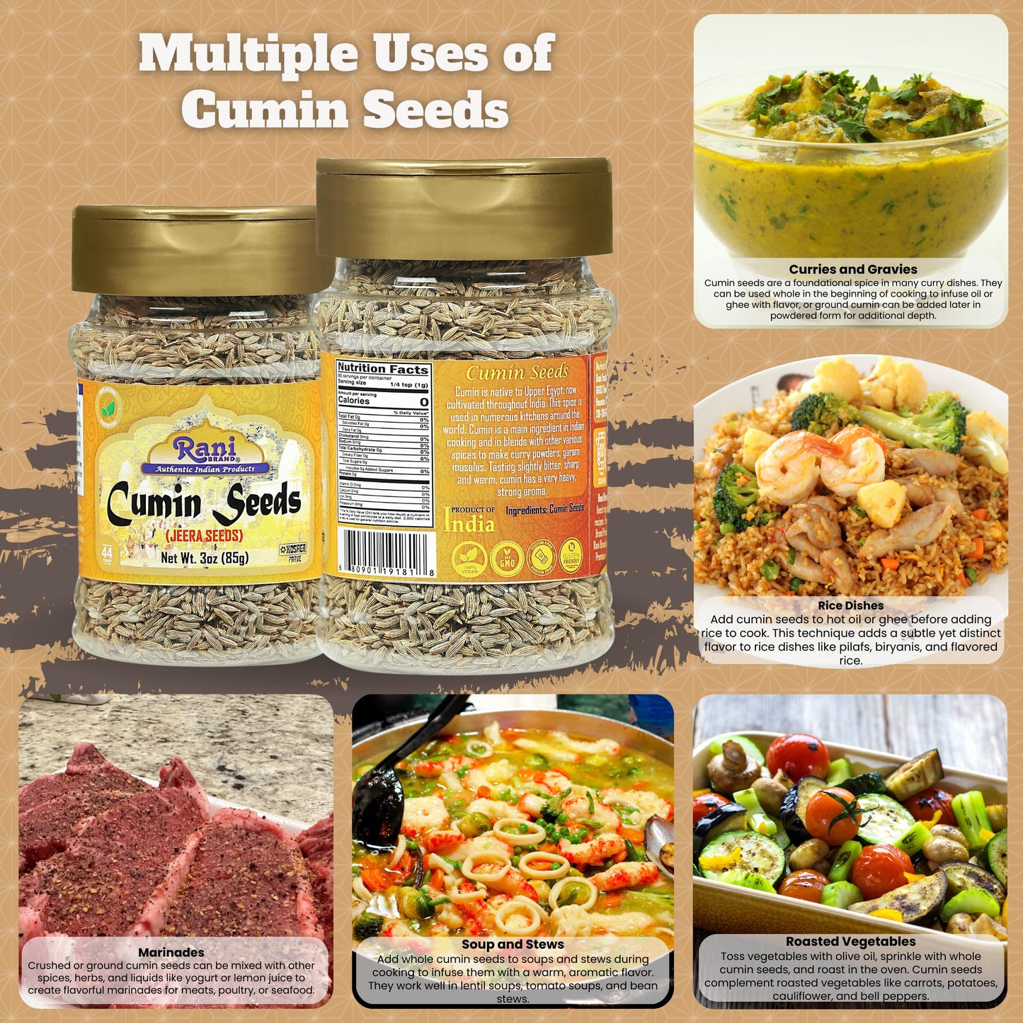 Rani Cumin Seeds Whole (Jeera) Spice 3Oz (85G) Pet Jar ~ All Natural | Gluten Friendly | Non-Gmo | Kosher | Vegan | Kosher | Ind