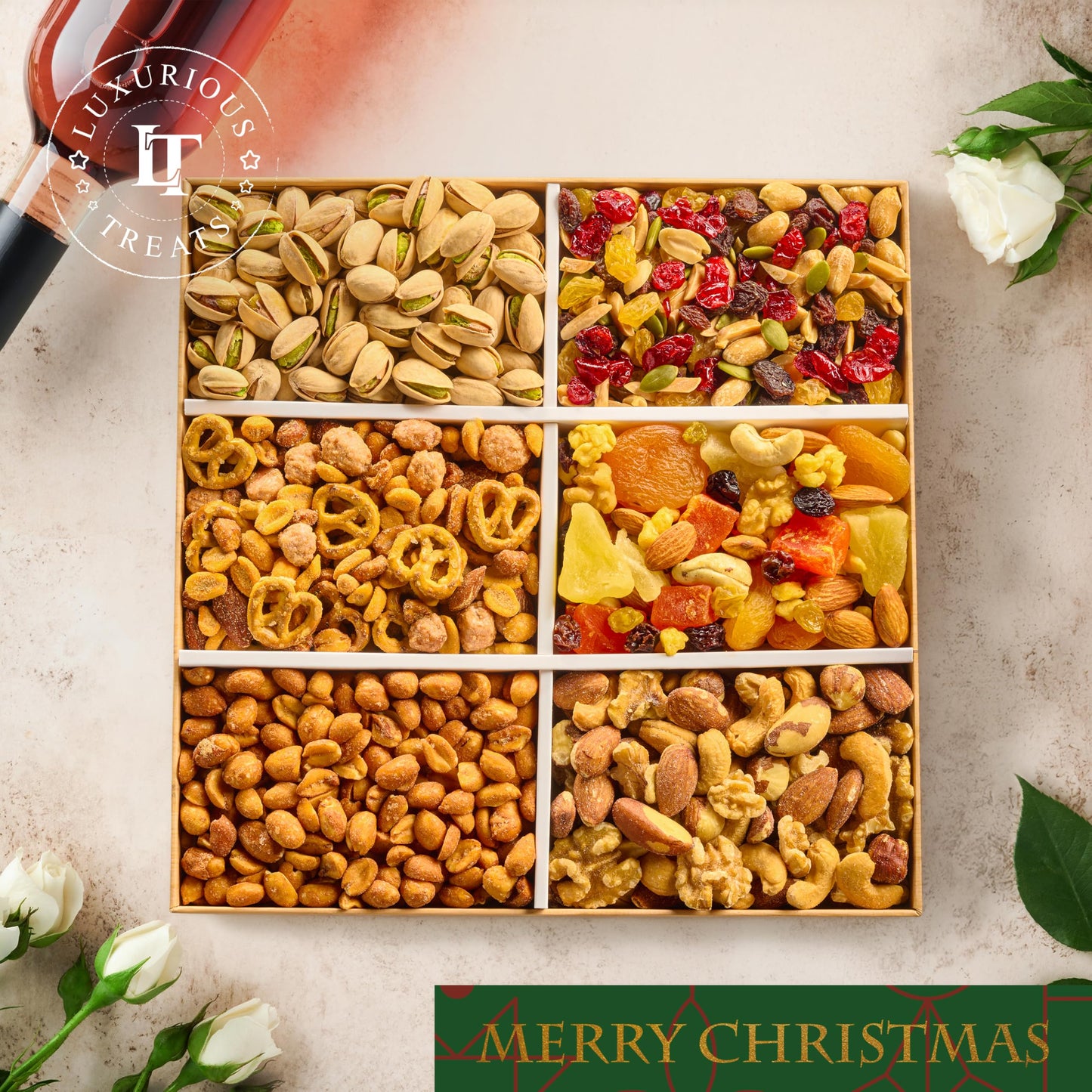 Mixed Nuts Christmas Gift Basket - Gourmet Holiday Christmas Snacks Box For Mature-Themeds, 6 Assortment Variety Pack, Food Basket For Men Women Family And Friends