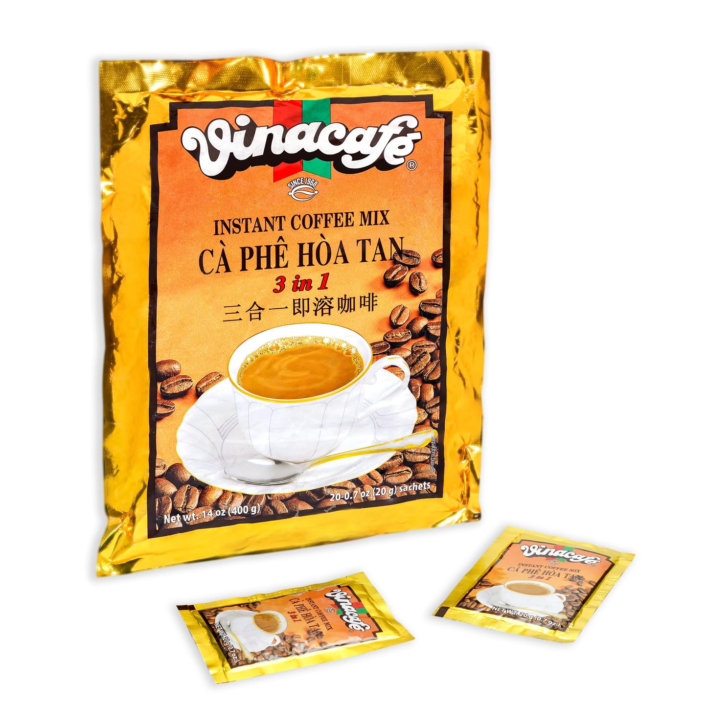 Vinacafe 400 Cts Vietnamese Instant Coffee Mix 3 In 1 Single Serves (Pack Of 20 | 20 Sachets Per Bag)