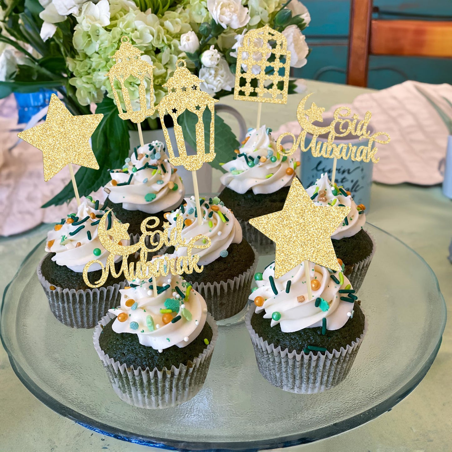 Gyufise 24Pcs Happy Eid Mubarak Cupcake Toppers Glitter Star Ramadan Kareem Cupcake Pick Moon Star Eid Islamic Muslim Theme Party Cake Decoration Supplies Gold