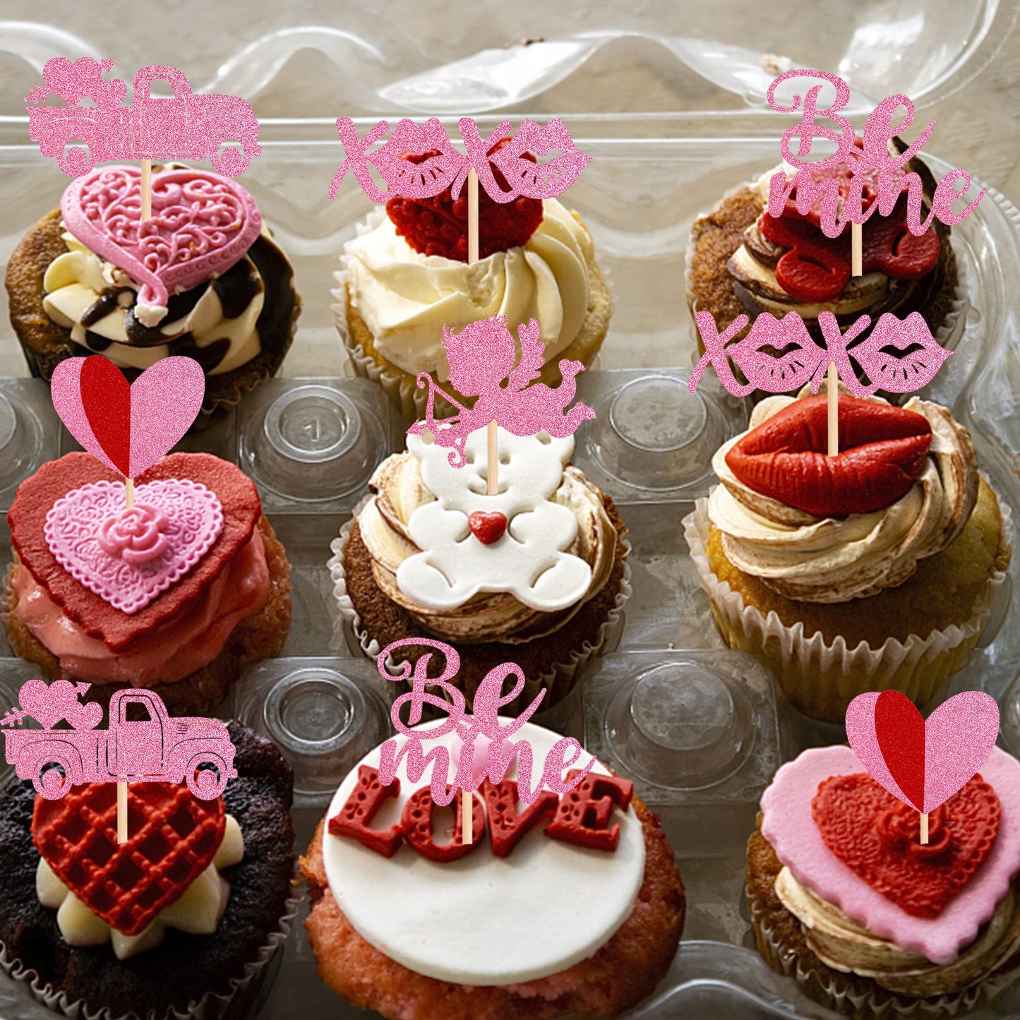 30 Pcs Valentine'S Day Cupcake Toppers Glitter Double Layers Love Heart Car Cupid Be Mine Cupcake Picks Decorations For Valentin