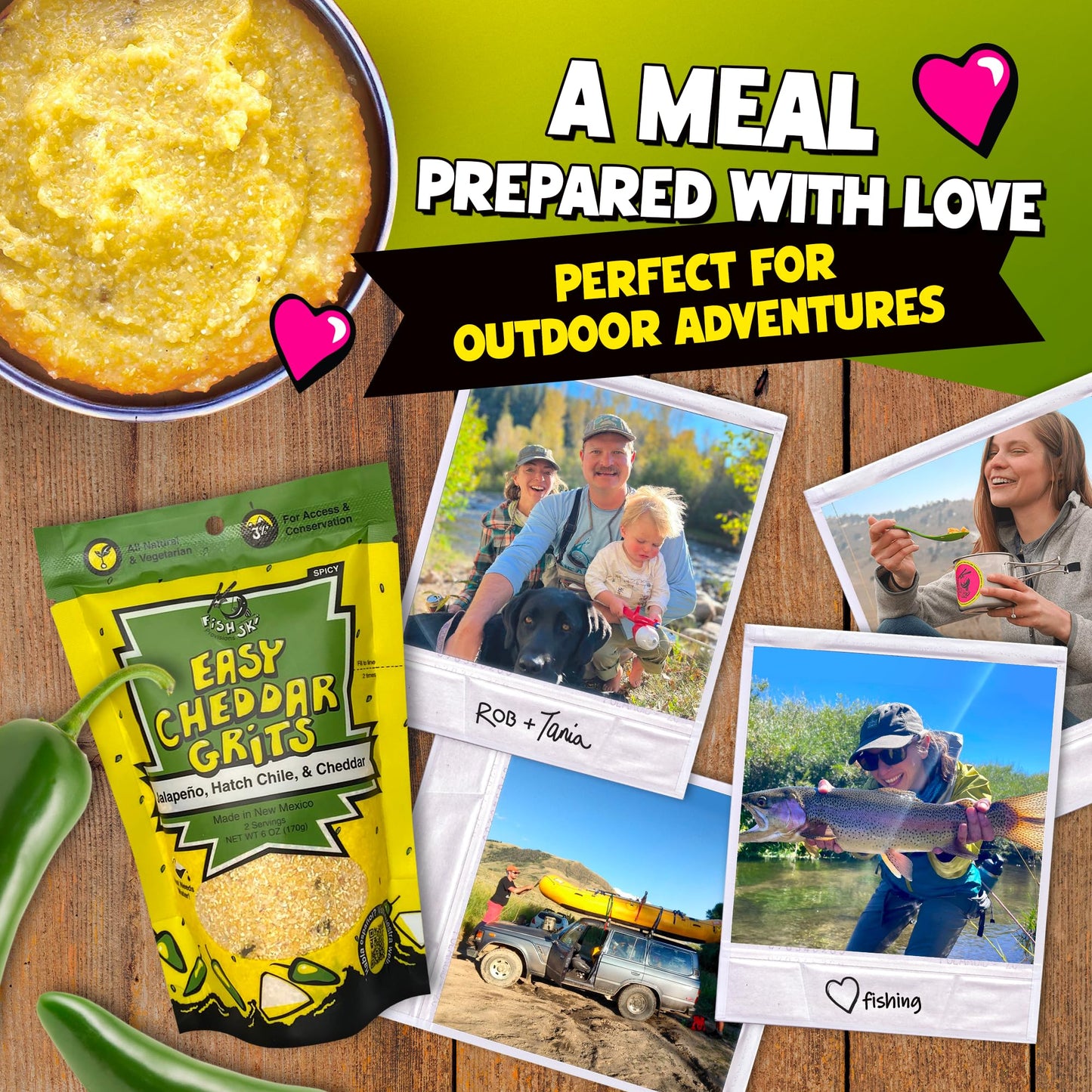 Jalapeno Yellow Corn Grits With Cheddar Cheese + Hatch Green Chile + Garlic, By Fishski Provisions, 6 Oz Bags, 24 Pack