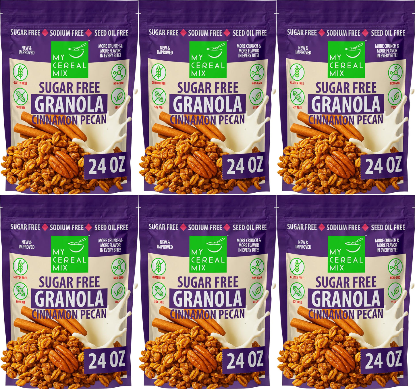 MyCerealMix Sugar Free Cinnamon Pecan Granola - 6 Pack (144oz Total) - Vegan, Gluten Free - Diabetic Friendly Breakfast Cereal -