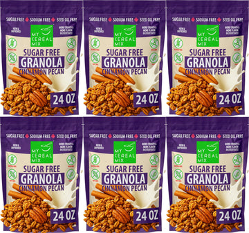MyCerealMix Sugar Free Cinnamon Pecan Granola - 6 Pack (144oz Total) - Vegan, Gluten Free - Diabetic Friendly Breakfast Cereal -