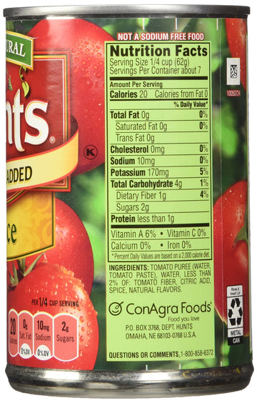 Hunt'S No Salt Added Tomato Sauce 15Oz Can (Pack Of 6)