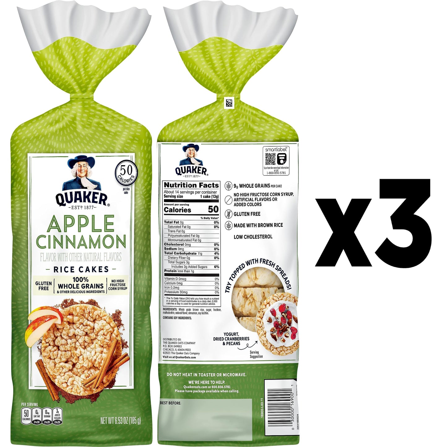 Quaker Large Rice Cakes, Apple Cinnamon, Pack of 3