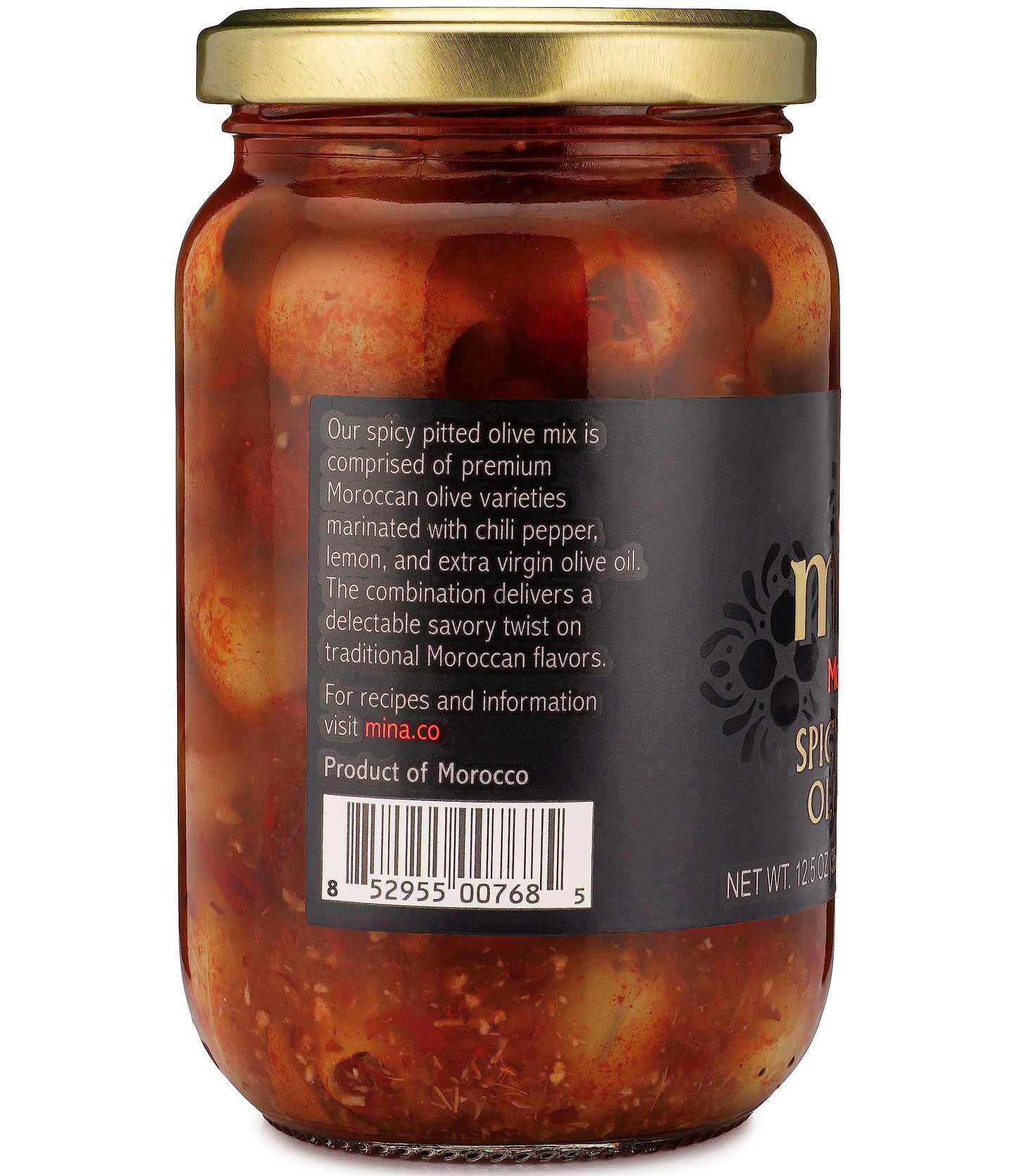 Mina Spicy Pitted Olive Mix, 12.5 Oz - Premium Handpicked Moroccan Olives With Red Chili Pepper Harissa, Keto Friendly Spicy Oli