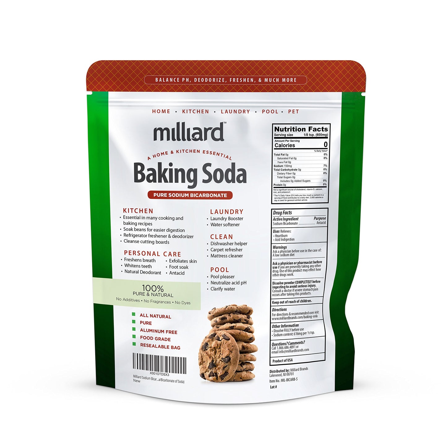Milliard Baking Soda, USP - 5 lbs (80 Ounce) Resealable Bag